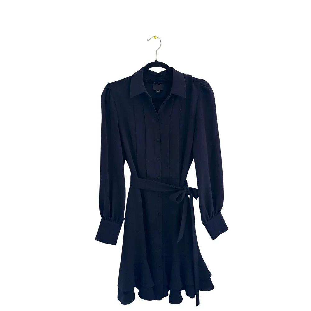 Alex Marie Navy Blue Pleated Ruffle Hem Long Sleeve Shirt Dress 4 NWOT